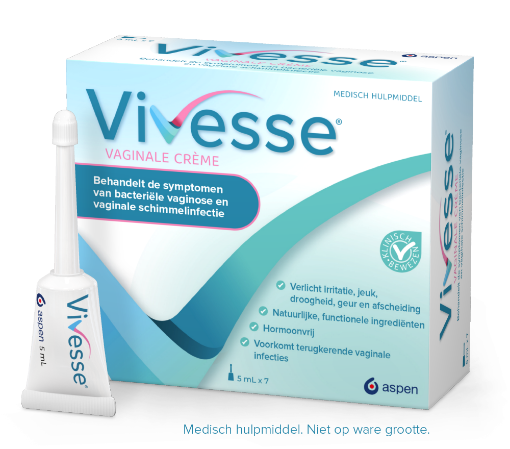Vivesse Vaginale Crème behandelt de symptomen van bacteriële vaginose én vaginale schimmelinfectie.