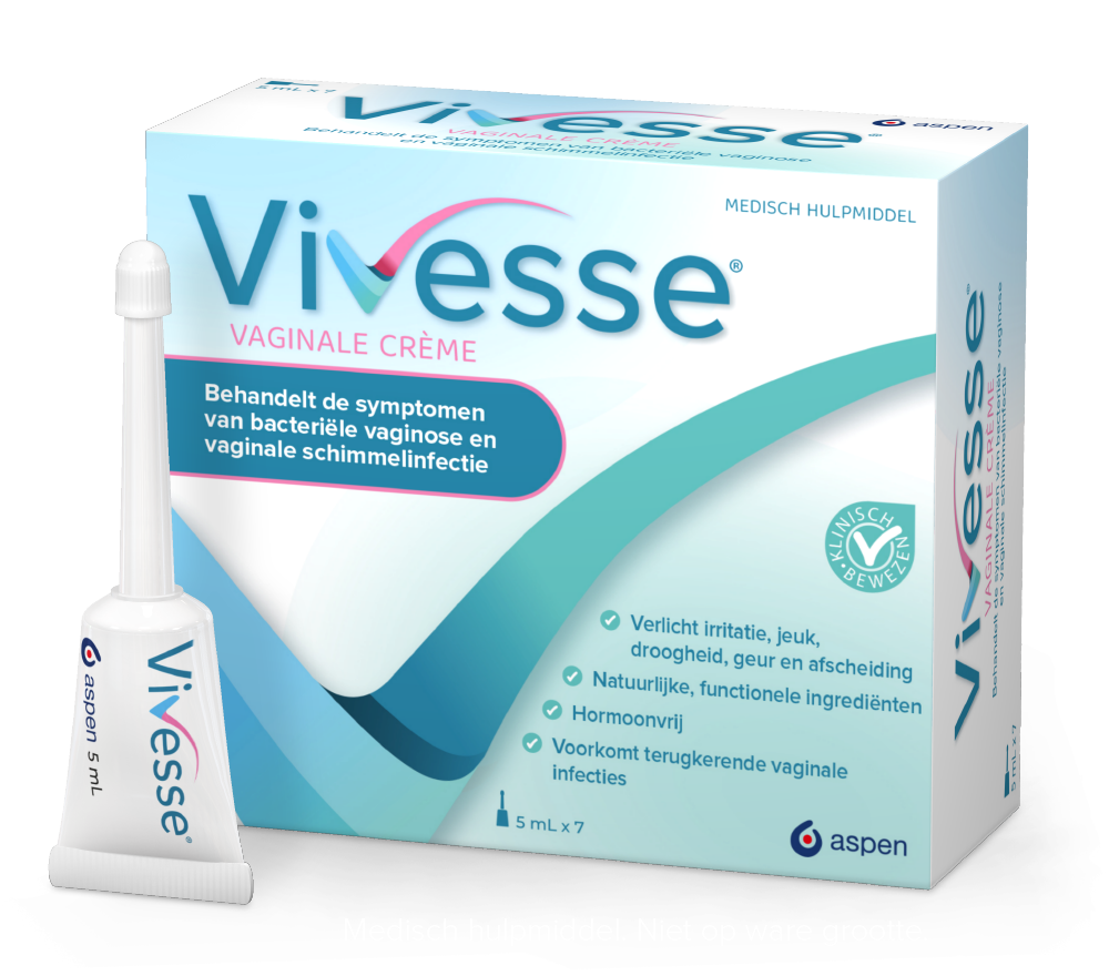 Vivesse Vaginale Crème behandelt de symptomen van bacteriële vaginose én vaginale schimmelinfectie.